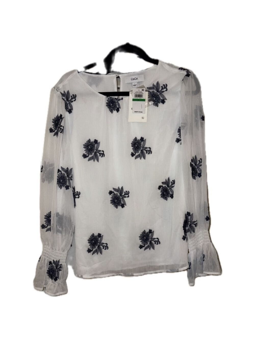 Women's CeCe Ivory Navy Floral Embroidered Blouse L